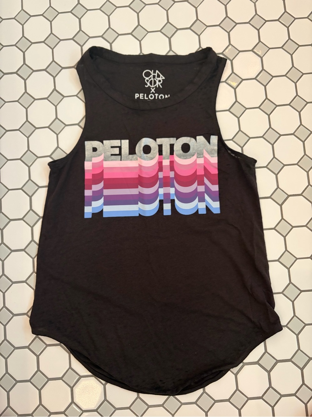 Hard to find Chaser Black Muscle Tee with Pink-Purple-Blue Gradient Peloton Logo